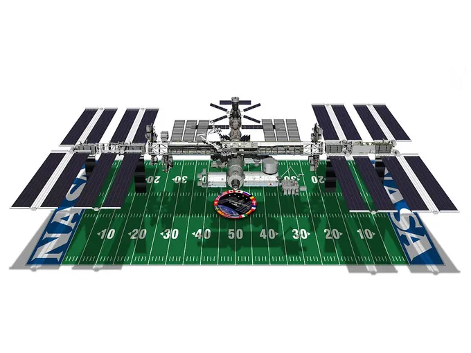 A graphic of the International Space Station shows it hovering over a football field to compare the two in length. The space station measures 357 feet end-to-end. That’s almost equivalent to the length of a football field including the end zones.