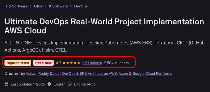 Udemy course page showing "Ultimate DevOps Real-World Project Implementation AWS Cloud" with two badges: Highest Rated and Hot & New. Course has 4.7 star rating, 161 reviews, and 2,504 students. Created by Kalyan Reddy Daida, DevOps & SRE Architect.