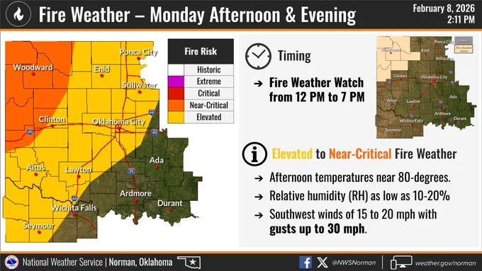 The following graphic displays information on a risk for fire weather on Monday, February 9th, 2025.