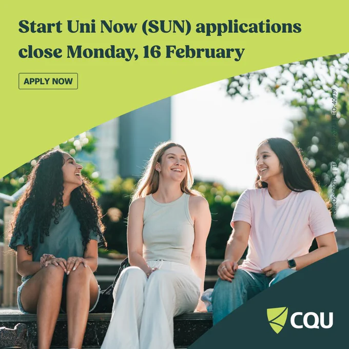 Smiling university students sitting together outdoors, with text announcing Start Uni Now applications closing on Monday, 16 February.