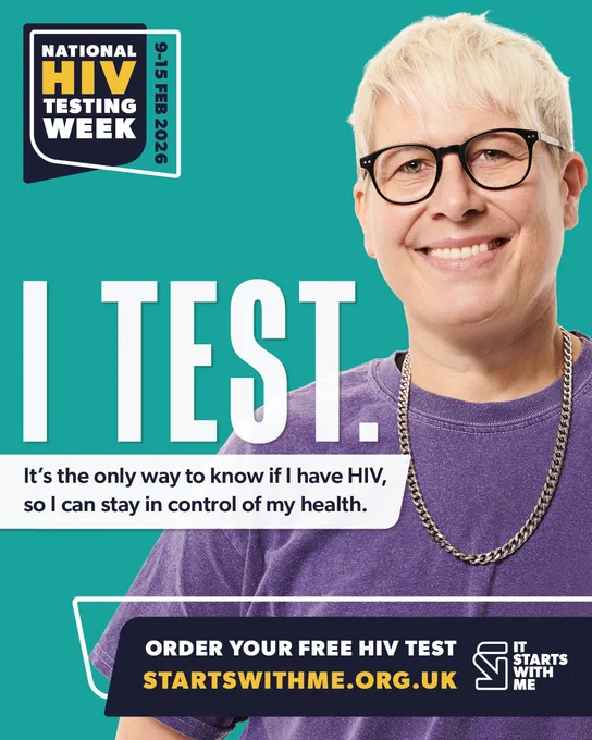 Smiling person with short hair and glasses wears a purple shirt and chain necklace. Text reads: "I TEST. It's the only way to know if I have HIV, so I can stay in control of my health."