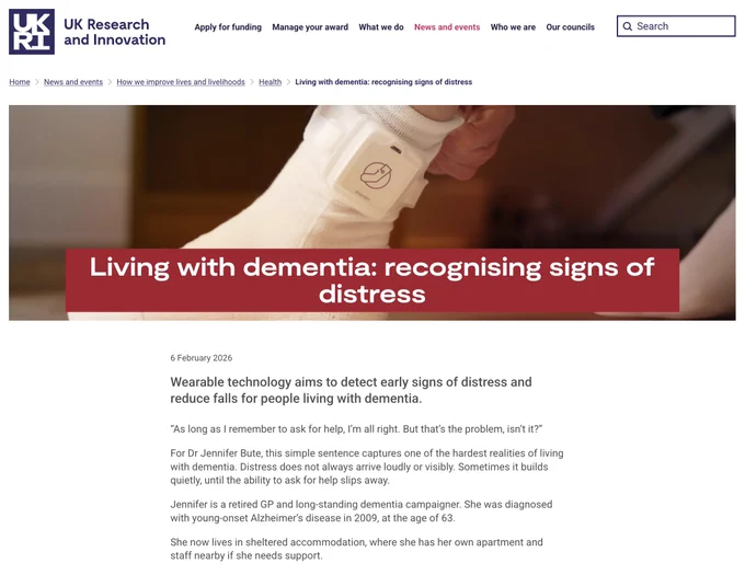 Screenshot of "Living with dementia: recognising signs of distress" article.