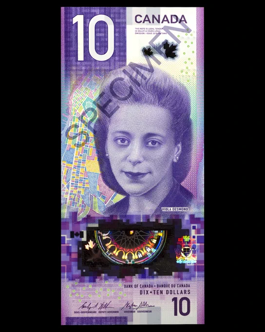 Bank note, purple, vertical with a portrait of a young black woman from the 1940s.