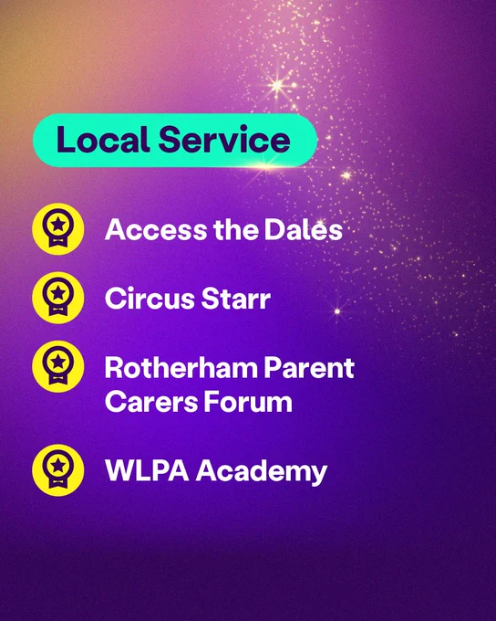 White text on a purple sparkly background. It lists the nominees for the Local Service Scope Award: Access the Dales, Circus Starr, Rotherham Parent Carers Forum, WLPA Academy.