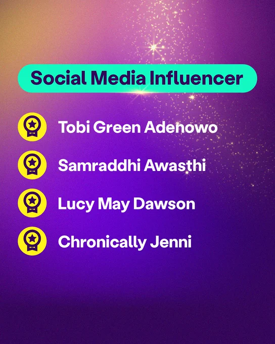 White text on a purple sparkly background. It lists the nominees for the Social Media Influencer Scope Award: Chronically Jenni, Lucy May Dawson, Samraddhi Awasthi, Tobi Green Adenowo.