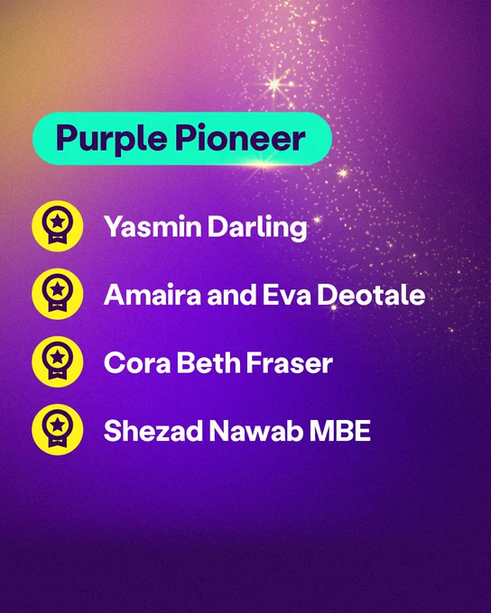 White text on a purple sparkly background. It lists the nominees for the Purple Pioneer Scope Award: Amaira and Eva Deotale, Cora Beth Fraser, Shezad Nawab MBE, Yasmin Darling.