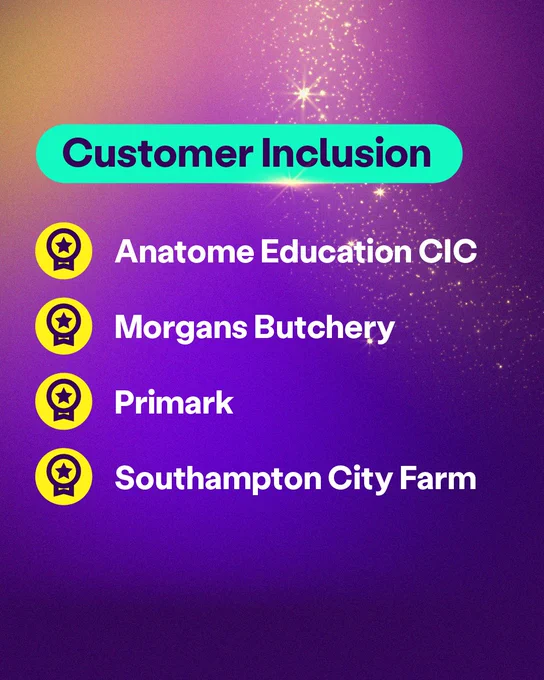 White text on a purple sparkly background. It lists the nominees for the Customer Inclusion Scope Award: Anatome Education CIC, Morgans Butchery, Primark, Southampton City Farm.