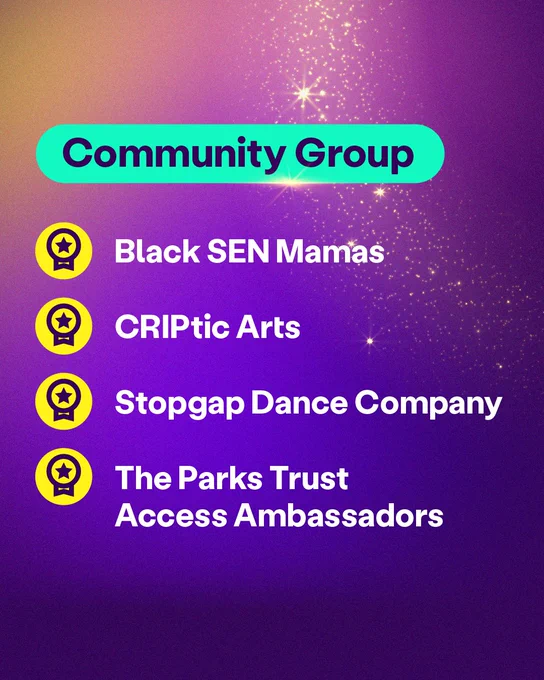 White text on a purple sparkly background. It lists the nominees for the Community Group Scope Award: Black SEN Mamas, Criptic Arts, Stopgap Dance Company, The Parks Trust Access Ambassadors.