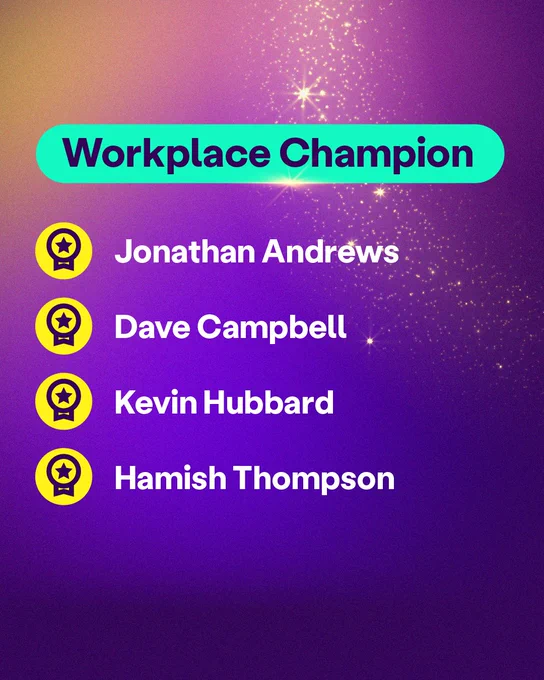 White text on a purple sparkly background. It lists the nominees for the Workplace Champion Scope Award: Dave Campbell, Hamish Thompson, Jonathan Andrews, Kevin Hubbard.