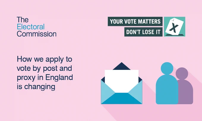 Pink background with images of an envelope and two people. Wording says, 'How we apply to vote by post and proxy in England is changing.'