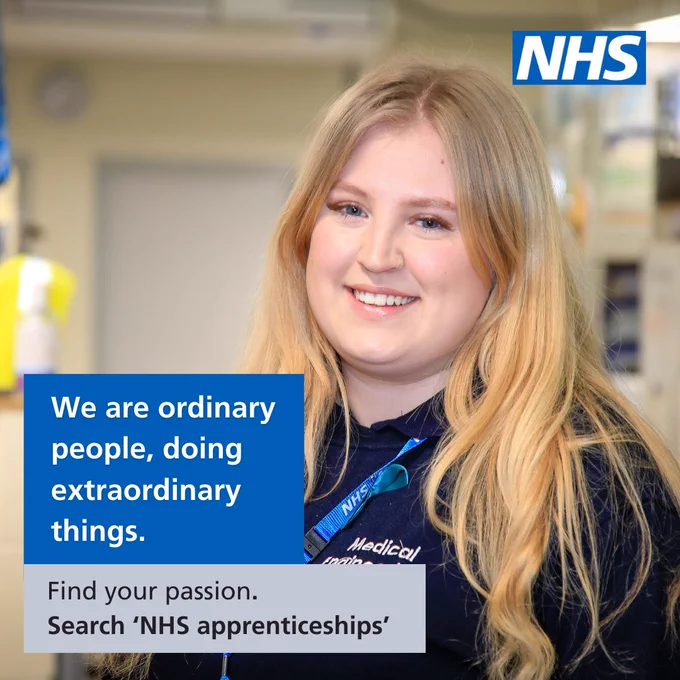 NHS medical engineering apprentice wearing a navy uniform and lanyard in a clinical setting, promoting NHS apprenticeships.