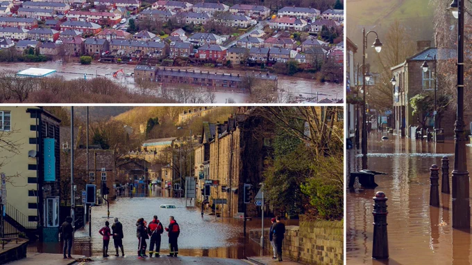 A collage of four photos showing severe flooding in Calderdale. The top-left image shows green fields with waterlogged patches and streams overflowing. The middle-left image depicts a residential neighbourhood with floodwater surrounding houses and streets. The bottom-left image shows a town street submerged in muddy water, with several people standing at the edge observing the scene. The right image is a close-up of a flooded street lined with stone buildings and black lamp posts, with brown floodwater covering the pavement and road.