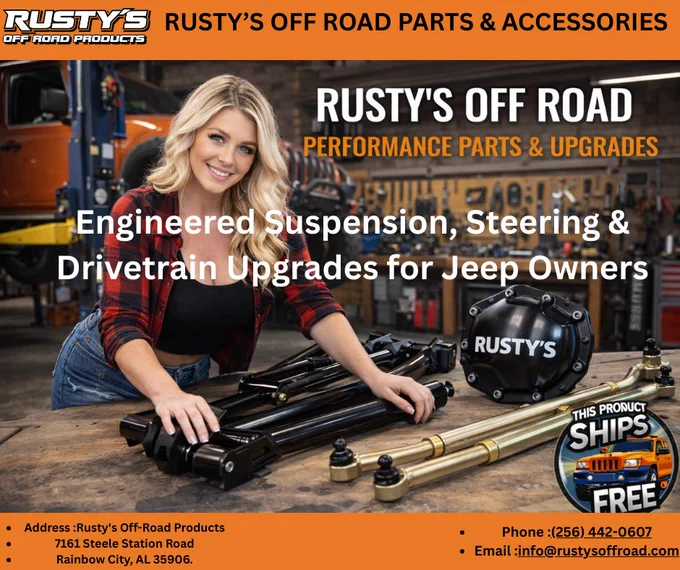 Rusty’s Off Road is a leading supplier of premium Jeep off-road parts and performance upgrades designed for durability and trail-ready performance. From heavy-duty suspension systems and long-arm lift kits to steering components, skid plates, and drivetrain upgrades, Rusty’s Off Road delivers reliable solutions for serious off-road enthusiasts. Built to fit Jeep Wrangler, Cherokee, Gladiator, and other popular models, every product is engineered for strength, stability, and control. Whether rock crawling, overlanding, or daily driving, Rusty’s Off Road parts help maximize capability, safety, and off-road confidence.