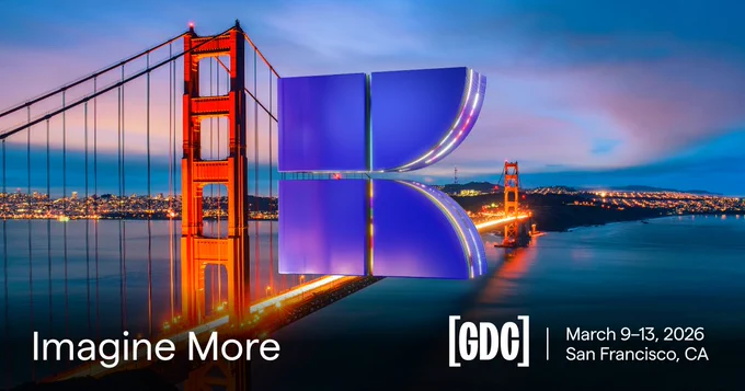 A massive blue K floating above Golden Gate Bridge at sunset. Imagine More at GDC, March 9 to 13 2026 in San Francisco, California.