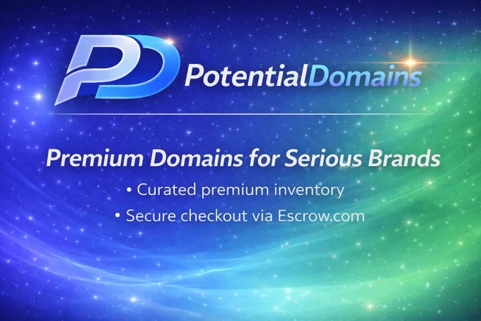 PotentialDomains cover image with italic PD logo, bold wordmark, headline ‘Premium Domains for Serious Brands,’ and notes on curated inventory and Escrow.com checkout.