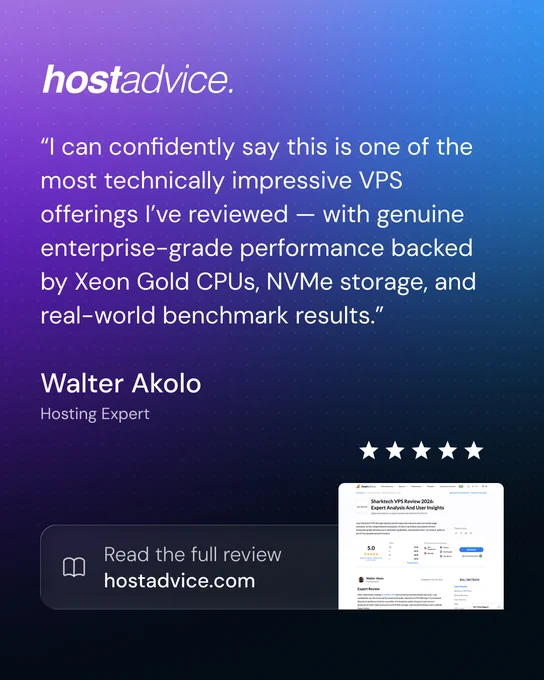 Image with a hostadvice review by Walter Akolo, with his quote: "I can confidently say this is one of the most technically impressive VPS offerings I’ve reviewed — with genuine enterprise-grade performance backed by Xeon Gold CPUs, NVMe storage, and real-world benchmark results.”
