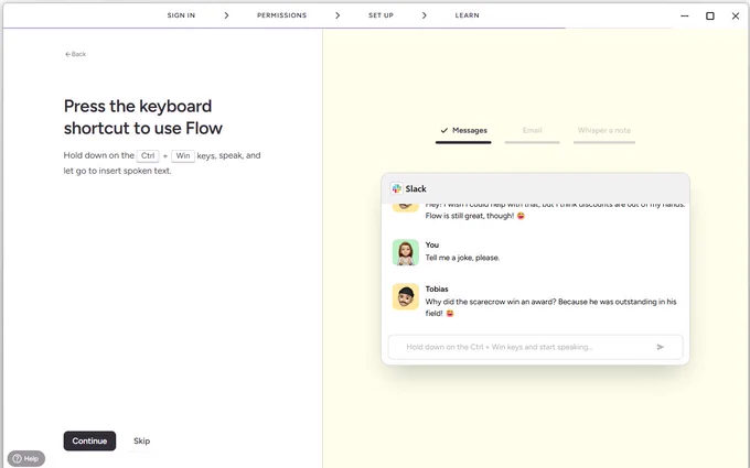 screenshot of WisprFlow onboarding journey showing a test slack message.