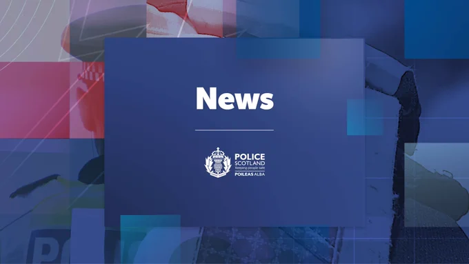 Blue Police Scotland graphic displaying the words ‘News', with abstract layered shapes in the background and the Police Scotland logo.
