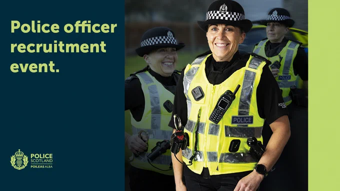 Graphic featuring a female police officer smiling facing the camera, with photos in the background of the female smiling and engaging with the public. Text on the graphic reads: "Police officer recruitment event."