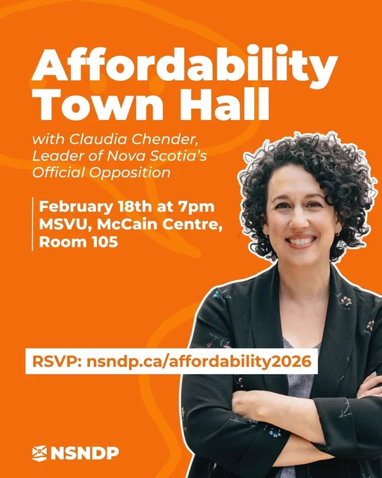 A bright orange event poster promoting an “Affordability Town Hall” with Claudia Chender, featuring her smiling portrait, event details for February 18 at MSVU, and an RSVP link.