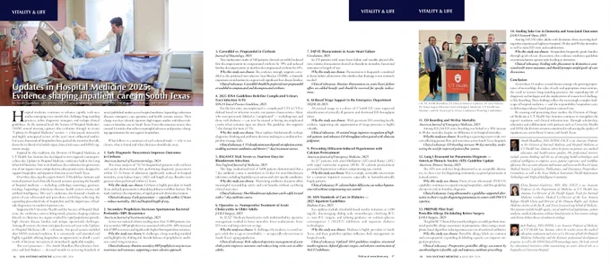 January 2026 San Antonio Medicine article titled ‘Updates in Hospital Medicine 2025,’ highlighting curated evidence impacting inpatient care in South Texas, with study summaries and a conference photo of the authors and UT Health San Antonio leadership.