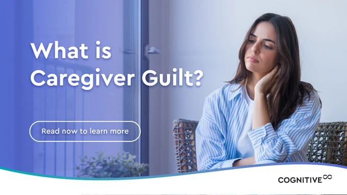Image: Woman sitting down near a window and holding her neck with one hand while looking concerned.
Text: What is Caregiver Guilt? Read now to learn more