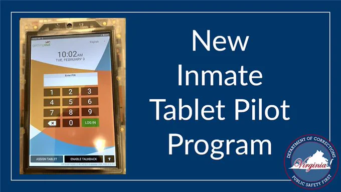 Tablet screen displaying a numeric keypad login interface for the New Inmate Tablet Pilot Program in the Virginia Department of Corrections.