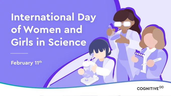Image: Cartoon rendering of three female scientists - one with a microscope, one with a beaker, and one taking notes on a notepad
Text: International Day of Women and Girls in Science. February 11th