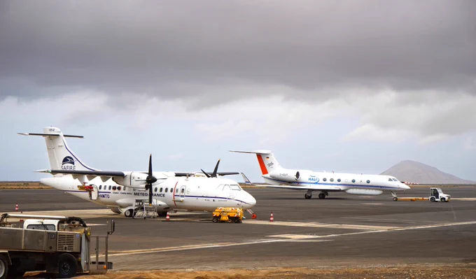 The photograph shows the HALO and ATR42 aircraft at Cabo Verde.

CREDIT
ESA–J. von Bismarck