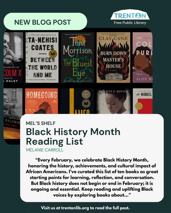 Collection of ten impactful books featured in Trenton Free Public Library's Black History Month reading list blog post.