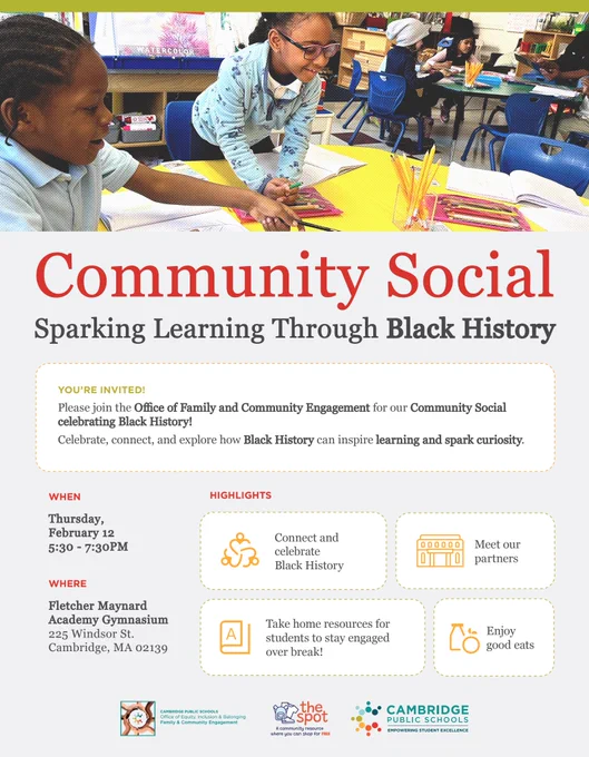 community social flyer with photo of students drawing