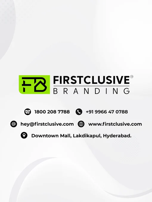 Brand closing slide displaying Firstclusive name, services, contact details and tagline.