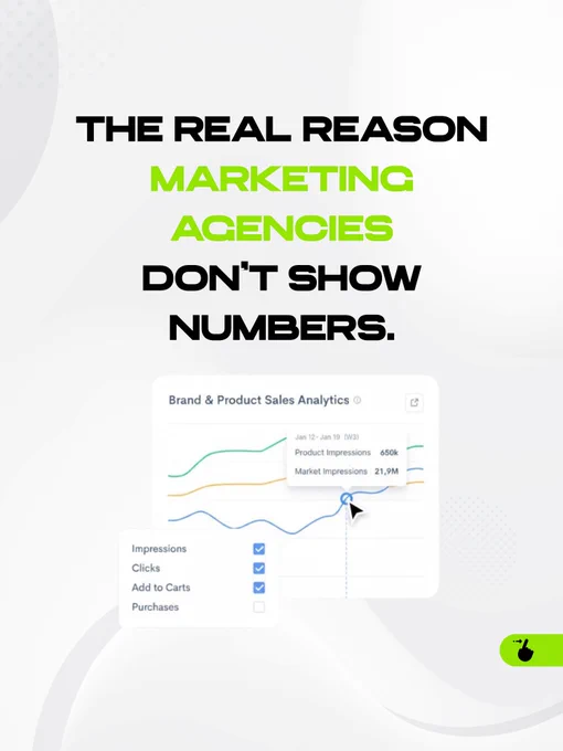 Minimal graphic stating “The real reason marketing agencies don’t show numbers” on a clean background.