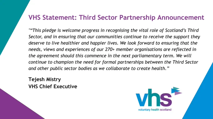 A graphic sharing this quote from Tejesh Mistry, Chief Executive of Voluntary Health Scotland: “This pledge is welcome progress in recognising the vital role of Scotland’s Third Sector, and in ensuring that our communities continue to receive the support they deserve to live healthier and happier lives. We look forward to ensuring that the needs, views and experiences of our 270  member organisations are reflected in the agreement should this commence in the next parliamentary term. We will continue to champion the need for formal partnerships between the Third Sector and other public sector bodies as we collaborate to create health.”