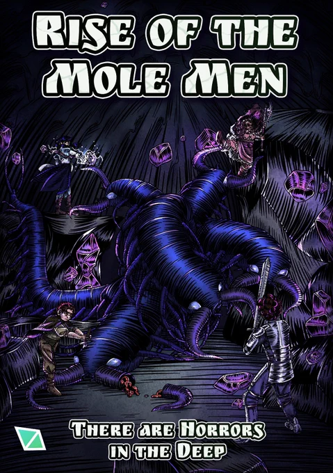 Four adventurers fighting a tangled hydrapede (it's a centipede hydra) in a dark cavern of glowing purple crystals