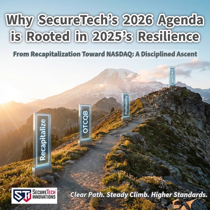 A scenic mountain trail at sunrise with glowing digital trail markers labeled “Recapitalize,” “OTCQB,” “Profitability,” and “NASDAQ” leading toward a summit, symbolizing SecureTech’s strategic ascent. Text overlays include: “Why SecureTech’s 2026 Agenda is Rooted in 2025’s Resilience,” “From Recapitalization Toward NASDAQ: A Disciplined Ascent,” and the tagline, “Clear Path. Steady Climb. Higher Standards.” 