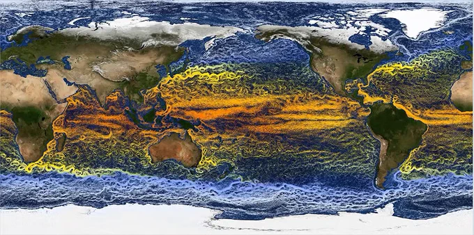 A high-resolution simulation illustrating ocean currents with vibrant colors. The warm currents are depicted in red and orange, centrally concentrated along the equator, while cooler currents appear in blue and green. Continents, including North America, South America, Africa, Eurasia, and Australia, are visible.