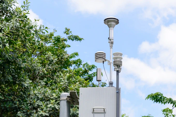 An air sensor near a tree with green leaves.