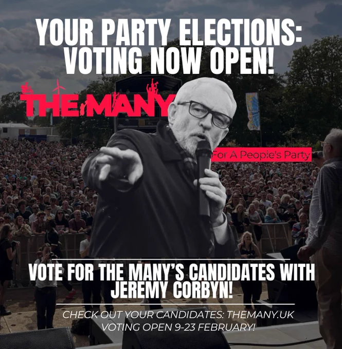 Image of the absolute boi Jeremy Corbyn, with a crowd behind him

Text:
Your Party Elections: Voting Now Open!

The Many: For a People's Party

Vote for The Many's candidates with Jeremy Corbyn