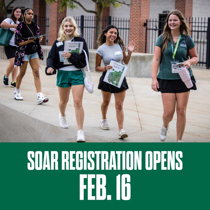 Students walk from one building to another at Summer Orientation and wave to the camera. The words on the bottom read, SOAR registration opens Feb. 16.