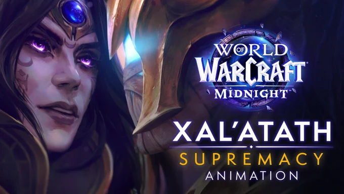 The image centers on Xal'atath, a woman with light purplish skin and symbols running down her face. She is looking at something off-screen. On the right side of the image, the World of Warcraft: Midnight logo is accompanied by text that reads, \"Xal\u2019atath Animation: Supremacy\".