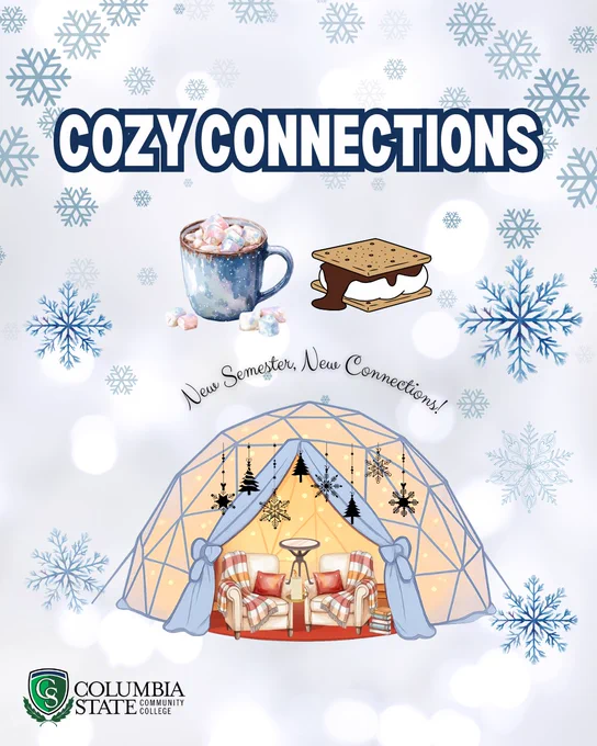Winter graphic with hot cocoa, a s’more, and a cozy igloo lounge for Cozy Connections.