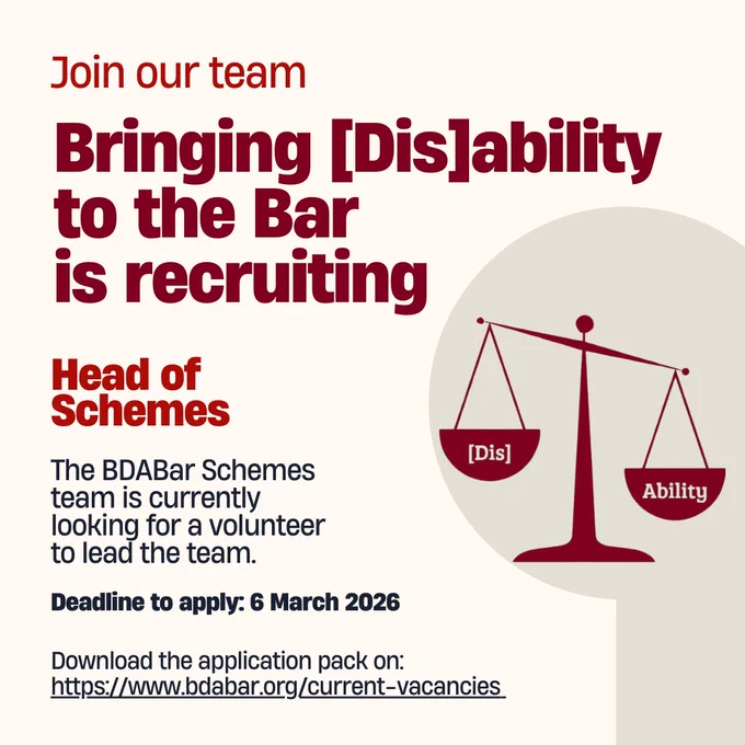 Join our team
Bringing [Dis]ability to the Bar is recruiting
Head of Schemes
The BDABar Schemes team is currently looking for a volunteer to lead the team.
Deadline to apply: 6 March 2026
Download the application pack on our website.