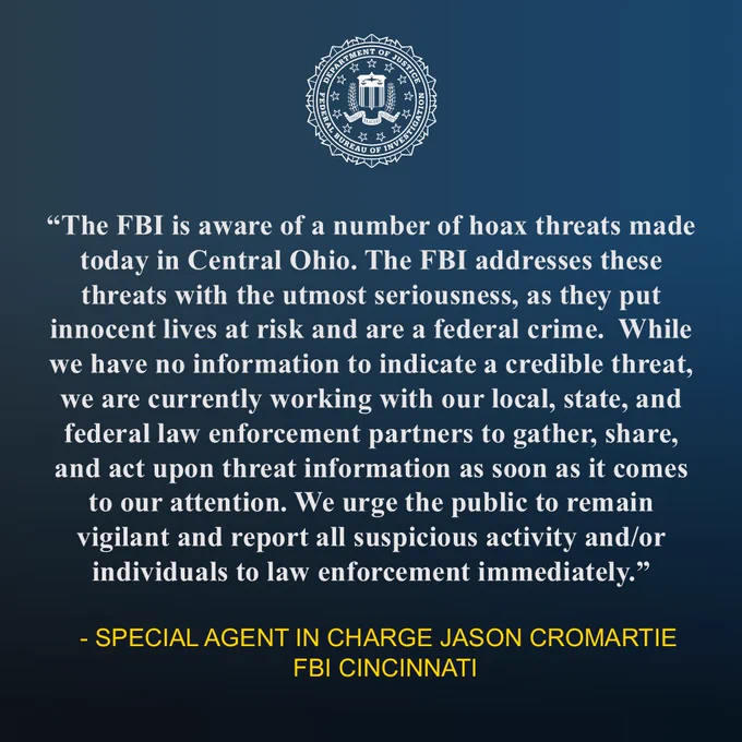 FBI statement warning about hoax threats in Central Ohio, urging public vigilance and reporting suspicious activity immediately. FBI Seal at top.
