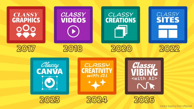 A vibrant infographic against a yellow sunburst background displays a timeline of "Classy" brand topics from 2017 to 2026. Seven colorful square icons are arranged in two rows, each featuring a title, a symbolic graphic, and a year underneath.

The Timeline:

2017 (Red): Classy Graphics (icon with circles and diamonds)

2018 (Purple): Classy Videos (play button icon)

2020 (Green): Classy Creations (stacked paper icon)

2022 (Blue): Classy Sites (web layout icon)

2023 (Teal): Classy Canva (selection tool/eye icon)

2024 (Orange): Classy Creativity with A.I. (sparkle icons)

2026 (Brown): Classy Vibing with AI (cursor and squiggle icon)

Footer Text:
"Years topics first offered"