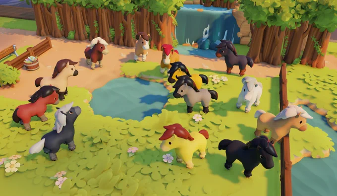 A bunch of horse "vehicles" in Go-Go Town! showing all the different colors: gray, roan, bay, palomino, black, buckskin, chestnut, silver dapple, and a few colors that are just for fun