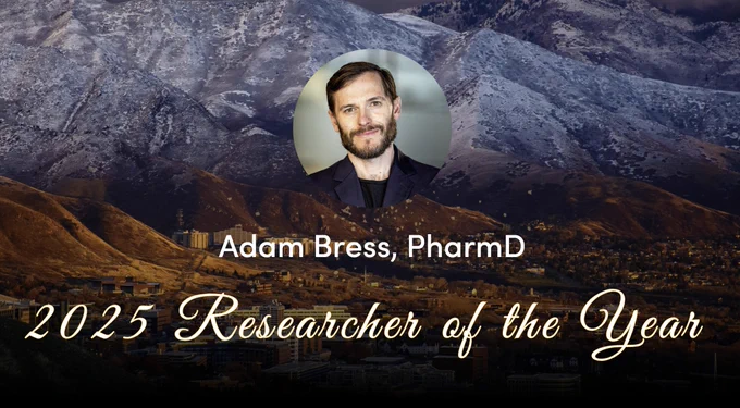 Graphic announcing 2025 Researcher of the Year featuring a circular headshot of Adam Bress, PharmD centered over a scenic background of mountains and a city campus below. The text “Adam Bress, PharmD” appears above “2025 Researcher of the Year” in stylized lettering.