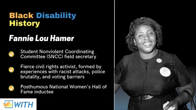A list-style infographic reads "Black Disability History. Fannie Lou Hamer. Student Nonviolent Coordinating Committee (SNCC) field secretary. Fierce civil rights activist, formed by experiences with racist attacks, police brutality, and voting barriers. Posthumous National Women's Hall of Fame inductee."