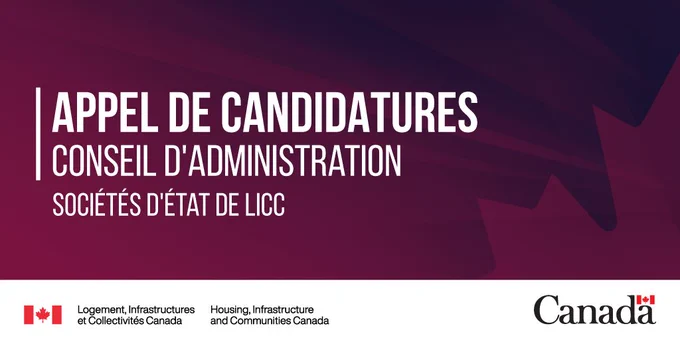 Fond marron avec une feuille d’érable dans le coin inférieur droit et le texte suivant à gauche : Appel de candidatures. Conseil d’administration. Sociétés d’État de LICC.