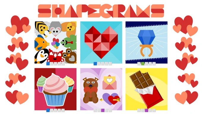 Shapegrams logo with digital drawings of animals, hearts, cupcakes, and more.